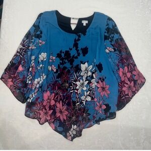 Avenue Women Blue Floral Print Butterfly Sleeve Tunic Top Plus Size 18 20